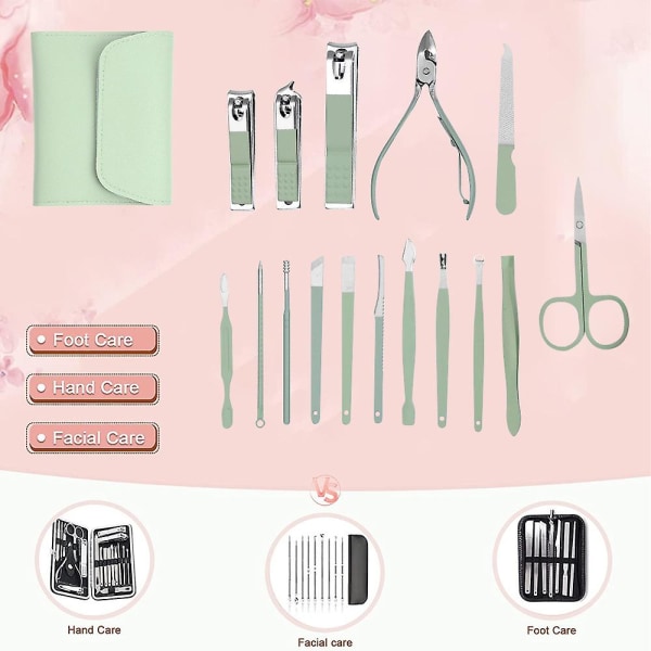 Manikyrset 16 i 1 nagelklippare set, nagelklippare, fingernaglar & tånaglar, manikyrverktyg, pedikyrverktyg, lämplig för resemanikyrset green