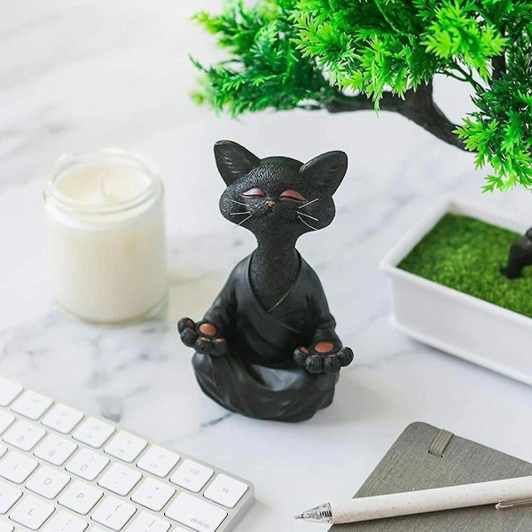 Mediterende kat statue - Fantasifuld glad kat Buddha meditation yoga kat statue til hjemmet udendørs græsplæneindretning S Black
