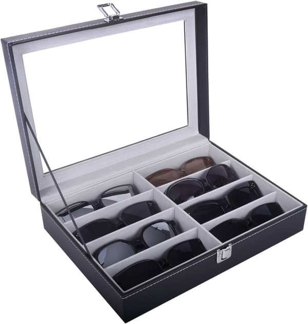 Læder 8 Dele Brilleopbevaring og Solbrille Display Etui Organizer, Sort