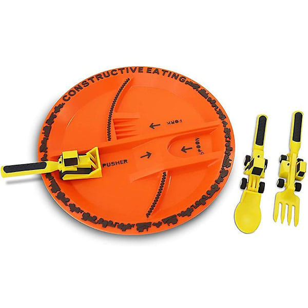 Dinneractive Bil Bulldozer Grävmaskin Skyffel Gaffel Skyffel Tallrik Barnservis Tre Set