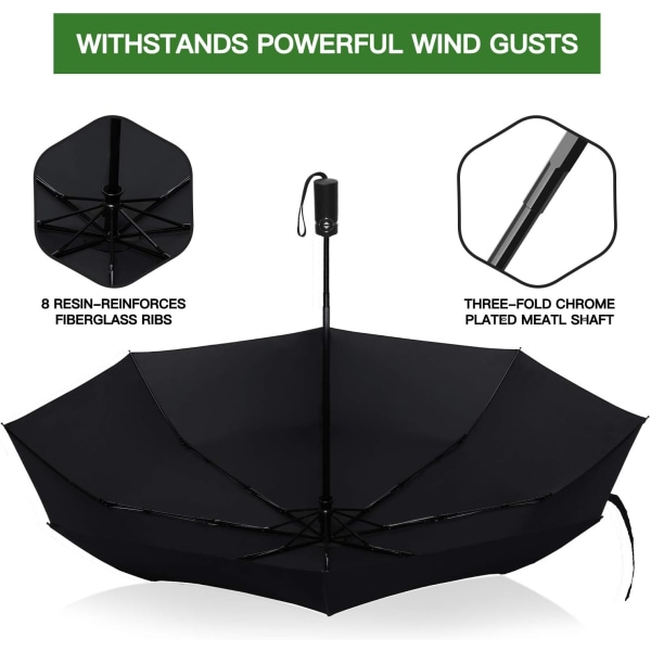 Foldeparaply Stærk holdbar regnparaply bærbar paraply med teflonbelægning - forstærket baldakin, automatisk åben/luk - sort
