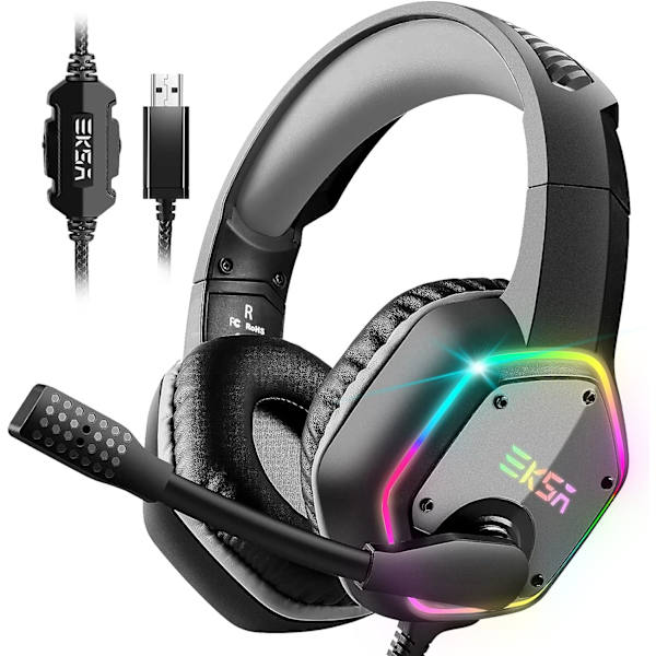 E1000 USB Gaming Headset for PC - Datamaskin Hodetelefoner med Mikrofon/Mic Støydemping, 7.1 Surround Sound Kablet Headset & RGB Lys(Grå)