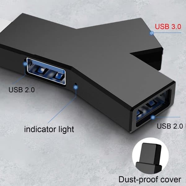 USB-hubb, 3-portars splitter (2 USB 2.0 + USB 3.0) adapter för PC, bärbar dator, mus, tangentbord, USB-minne, svart