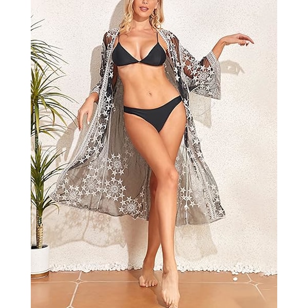 Kvinnors baddräkt Cover Up Baddräkt Kimono Lång Strandklänning Blomspets Bikini Badkläder Coverup Solskyddskläder black
