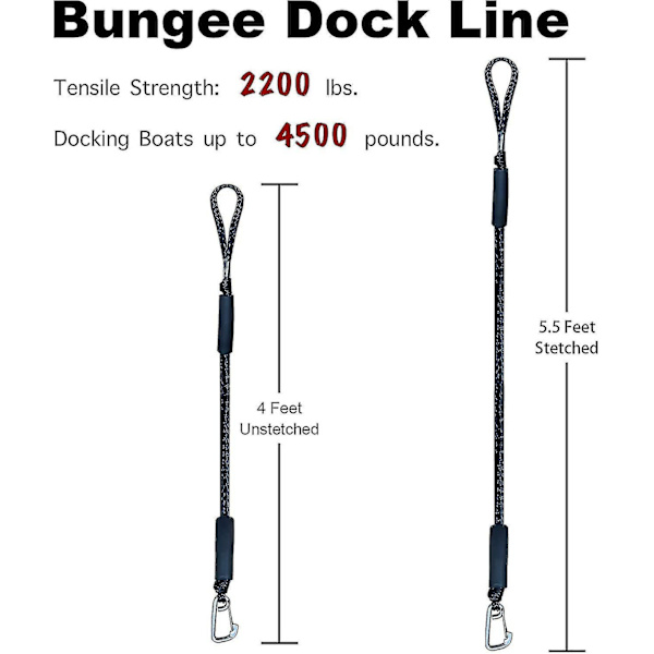 Bungee Dock Line med krog, sort fortøjningstov til båd 4 ft 2 pak & sort
