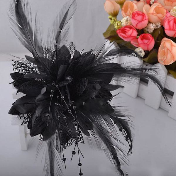 Muodikkaat kukka höyhen helmi rintaneula hiuspidikkeet Fascinator hääpannan rintaneula Black