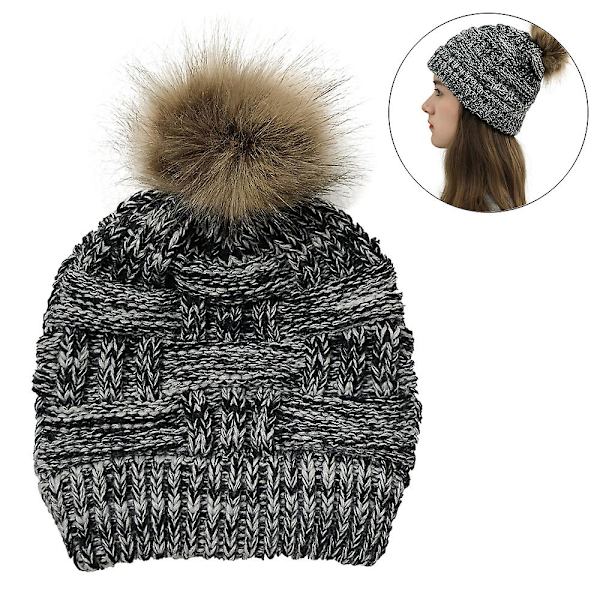 Naisten ystävänpäivän hattu lämmin neulottu villa paksu pipo poninhäntä reiällä nappi beanie sekoitukset naamioille pidike, beige Black flower