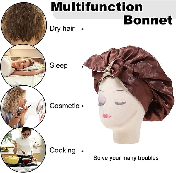 Satin Bonnet Silke Sovehætte Hårhuer Til Sorte Kvinder Elastisk Bånd Hår Brown and Champagne
