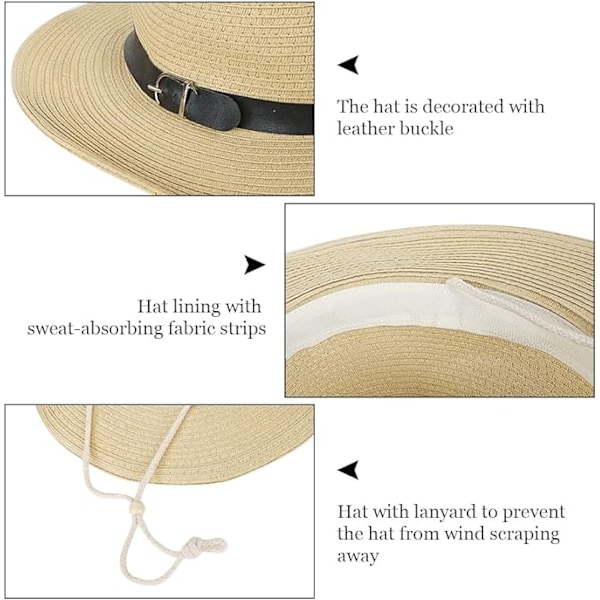 Unisex Solhatt av Halm Panamahatt Fedora Trilbyhatt Safari Strandhatt Sol UV-beskyttelsehatt med Justerbar Hakestropp for Menn Kvinner