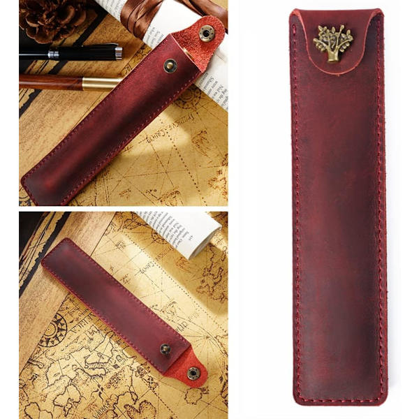Læder Pen Pung Fyldepen Pung Enkelt Pen Etui Holder Holdbar Pen Etui Skrivebordsartikler til Kontor Taske Pung Holder Box Organizer Vinrød