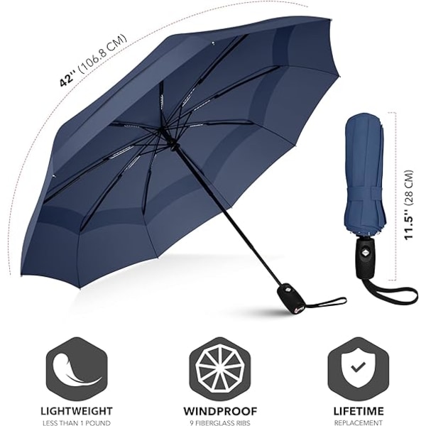 Reseparaply - Kompakt, lätt, automatiskt, starkt och bärbart - Vindtåligt, litet hopfällbart ryggsäcksparaply för regn - män och kvinnor