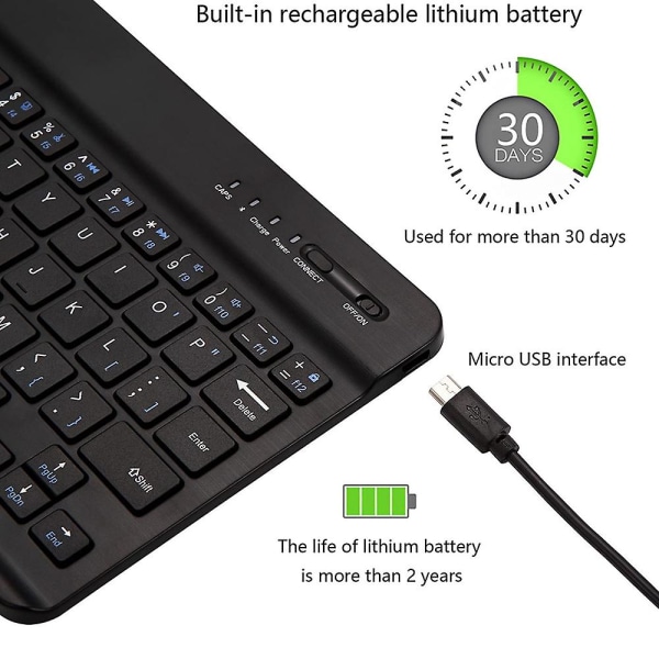 Ultra-slankt Bluetooth-tastatur, bærbart, genopladeligt, sort