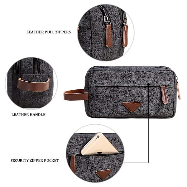 Herre toilettaske med dobbelt rum, lærred læder kosmetik makeup organizer barbering dope kit, sort