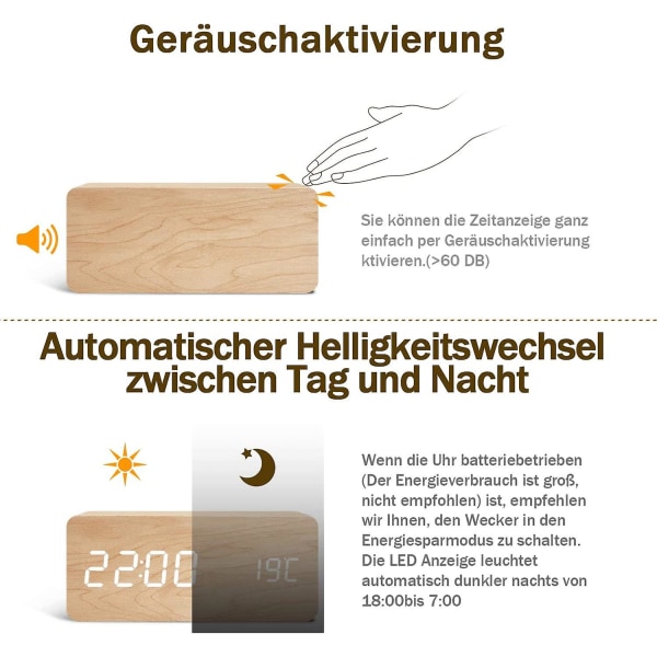 Träväckarklocka Modern LED-bordsur Digital väckarklocka Röst Touch Display Tid/datum/temperatur För Hem Sovrum Kontor Brun Orange