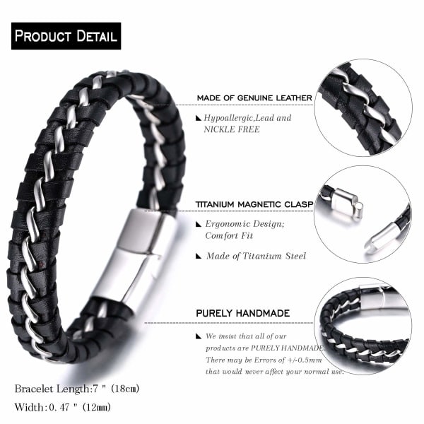 Børns drenge ægte læderarmbånd sort. Titanium sølvkæde