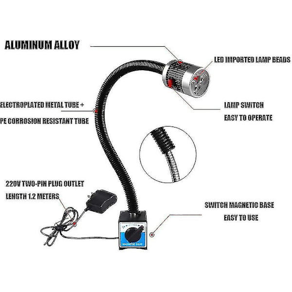 Justerbar LED-arbejdslampe i aluminiumlegering med magnetfod, LED-maskinarbejdslampe 360 roterbar med afbryder, til CNC-værktøjsmaskine, 9w 220v - - - -