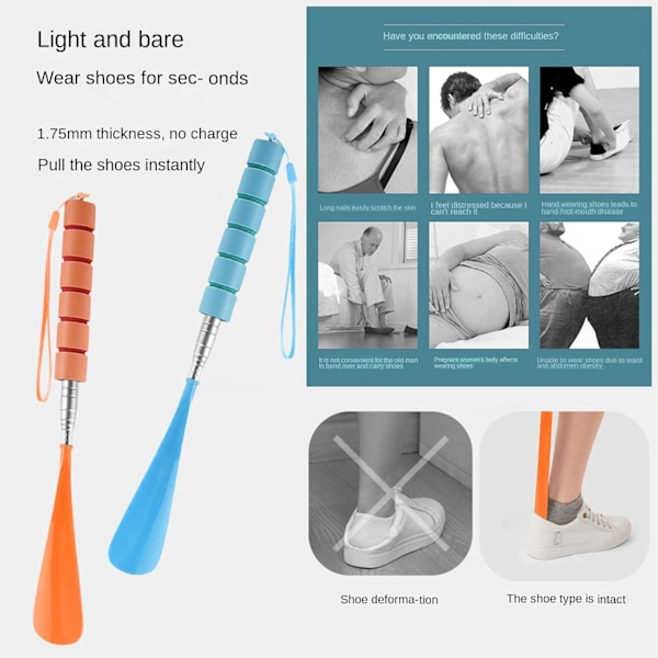 Langskaftet Rejsehorn Horns Shoehorn Pull Chausse Pied Metal Teleskopisk til Mænd Kvinder Børn Seniorer, 2 Pakke Farverig