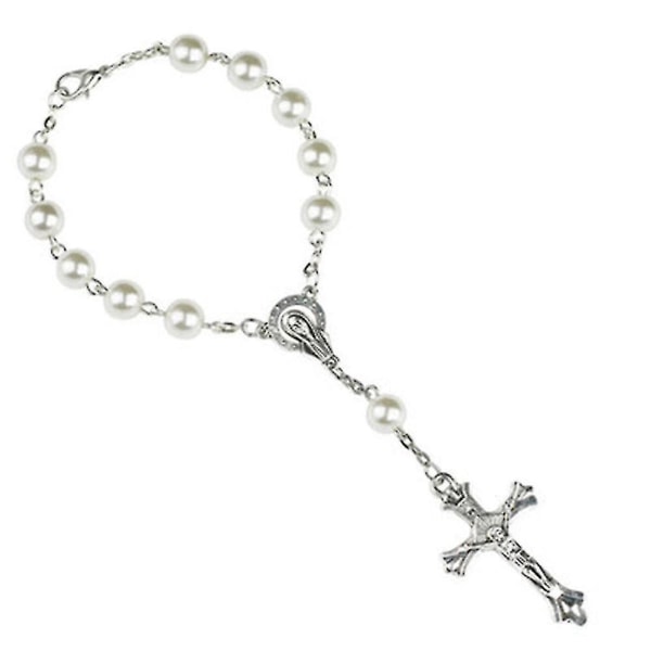Bimirth katolsk rosenkransarmbånd Hvit imitert perle Kristuskors Jesus Vår Frue armbånd krusifiks guddommelig barmhjertighetsgave