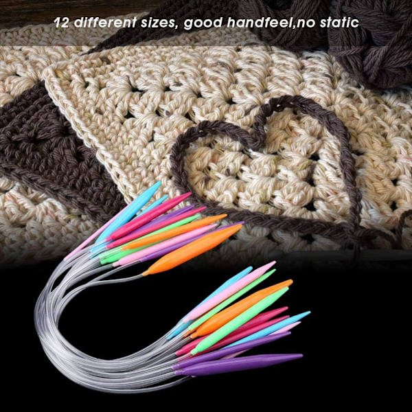 Rundstickningsnålsset 12 storlekar 3,5 mm-12 mm Flerfärgade runda stickningsnålsset i plast Dubbelspetsiga stickningsnålar Verktygssats (40 cm)