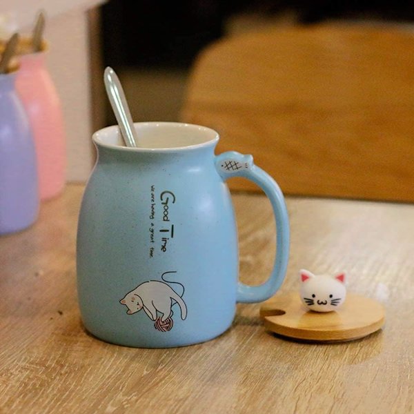 Kattekop Mug Sød Keramisk Killing Kaffe Kop med Skøn Killing Låg Rustfrit Stål Ske til Kaffe Te Mælk 380ML Te Mælk Julekop til Kvinder (Blå)