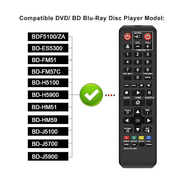 Ak59-00149a Fjernkontroll Erstatning For Dvd Blu-ray-spiller Bdf5100/ -es5300 -fm51 -fm57c -h5100