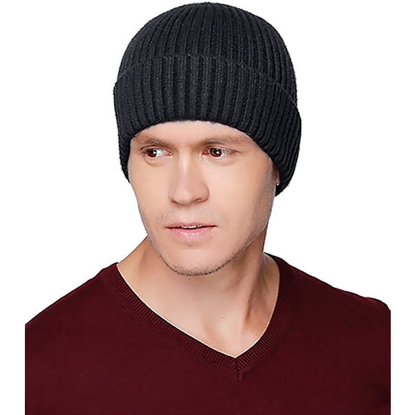 Vinterhatte til mænd Uldstrikkede Slouchy Beanie-hatte Varme Baggy Skull Cap Black