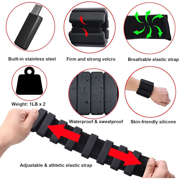 2 stk. Justerbare håndledsvægte ankelvægte sæt til træning gåtur jogging yoga aerobic pilates vægtbærende armbånd fitness armbånd black