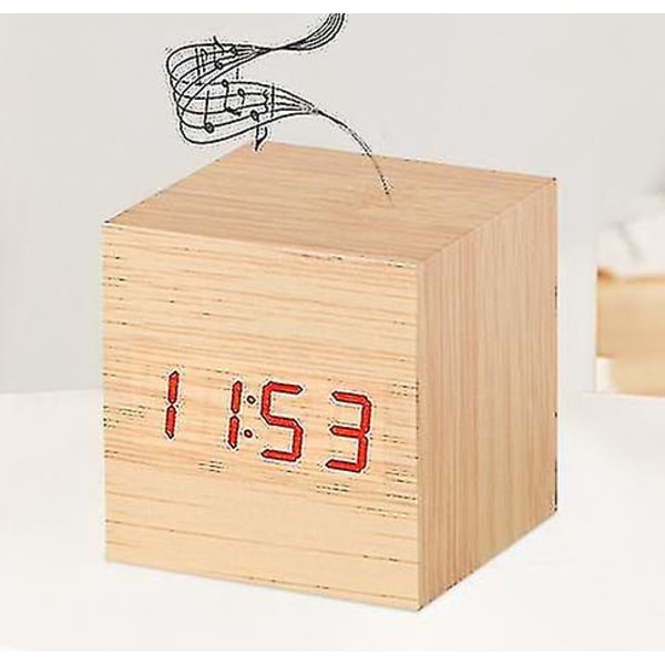 Träklocka kreativ elektronisk klocka fyrkantig digital klocka mini väckarklocka termometer sängklocka (tid, datum temperatur) -B