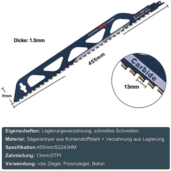 Tungsten Carbide Steel Saber Saw Blade For Metal, Wood, Stone, Saber Saw Accessories For Aerated Concrete, Brick, Concrete, Cement Board, Length (455m