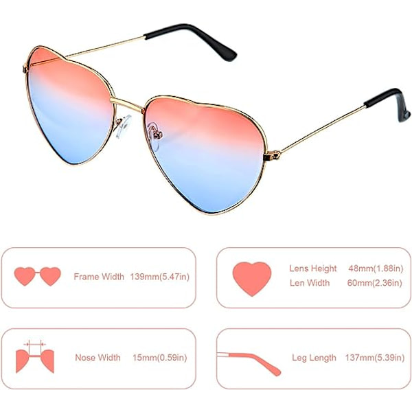 2 par Hippie Specs Briller Hjerteformede Solbriller til Hippie Fancy Dress Tilbehør, Rose Gold Ramme(Gradient Rosa til Blå Linse)