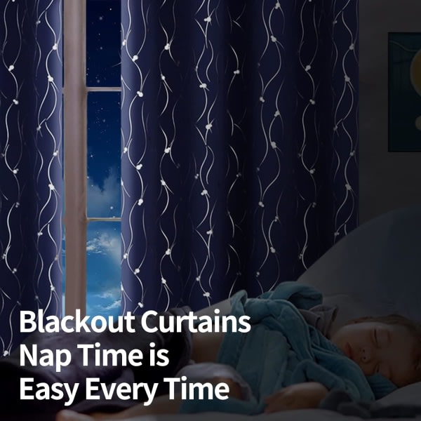 Marineblå mørklægningsgardiner 84" lang 2-panels gennemføring Isoleret værelse mørklægningsgardiner med bølget linje og print soveværelse, 52 x 84"