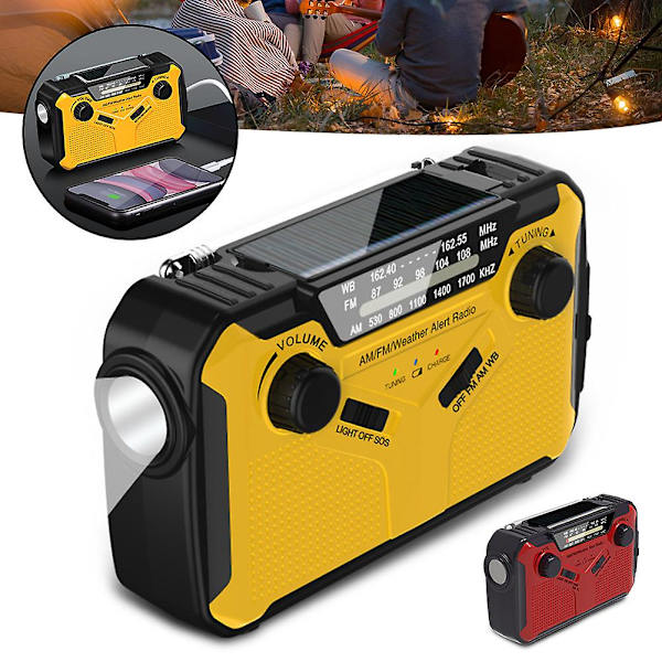 Solcelledrevet håndsvingradio genopladelig camping nødvejrradio med LED-lommelygter læselys bærbar håndsvingradio Yellow