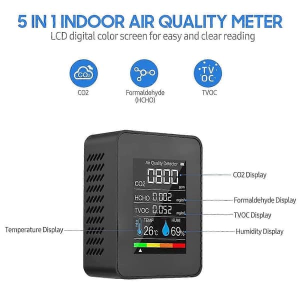 5-i-1 CO2-måler 400-5000 PPM Sensor Karbondioksiddetektor Luftkvalitetsmåler jy Svart
