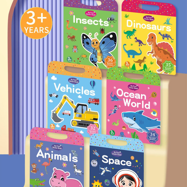 Gjenbrukbar jelly-klistremerkebok for barn, aktivitets- og læringsbok for småbarnsklistremerker, travle rolige førskolebok, reiseleker for 3-6 åringer 6 Theme
