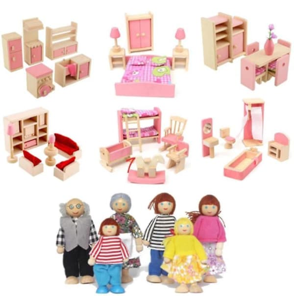Barnrosa möbler i trä dockhus miniatyr rum set dockleksaker för present Diy Bathroom