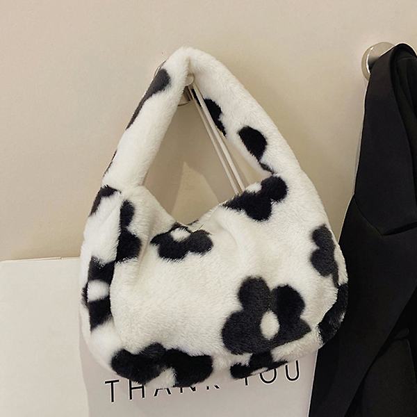 Kvinner Jenter Mote Plysj Trykk Clutch Håndveske Hvit white
