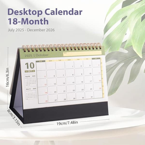Bordkalender 2025-2026, 19 x 16 cm, Sort. Sort