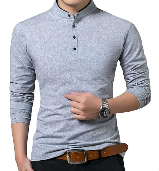 Herr Casual Normal Passform Enkel Pikétröja Bomull Henley Tröja Långärmad Topp
