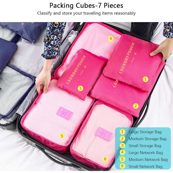 Reisearrangør Pakkeposer, 6 PCS Reisepakkekuber Sett for Klær Reisebagasje Organisasjonsposer Oppbevaringsposer Rose Red