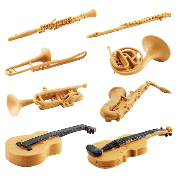 8st Simulering Musikinstrument Set Horn Trombon Flöjt Klarinett Saxofon Fiol Gitarr Modell Statisk Desktop Ornament Barn Pedagogiska leksaker