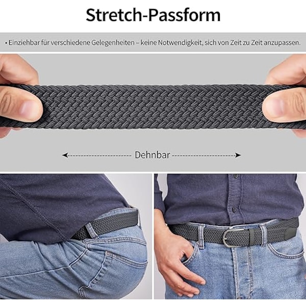 Herrbälte, elastiskt flätat bälte unisex män kvinnor flätat elastiskt stretch vävt bälte 33mm(1,25\"), längd 42\"(107cm) passar midja 33\"-36\", flera färger Grey