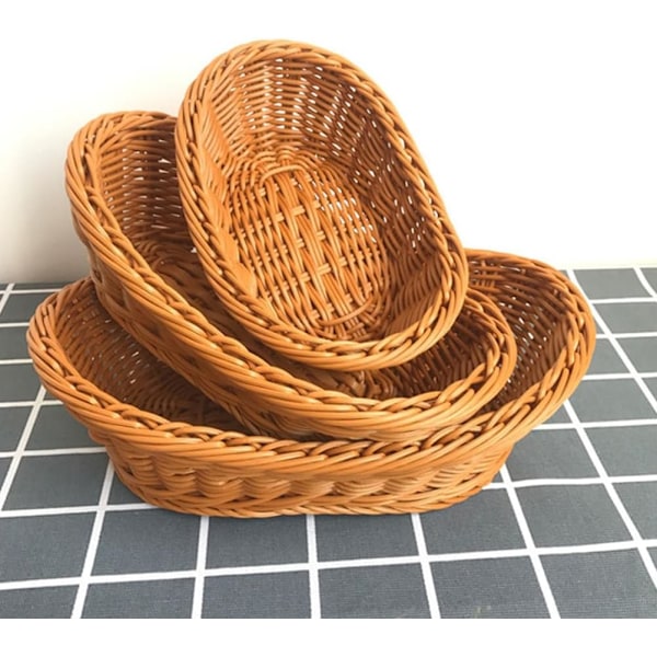 2 st Imitation Rattan Flätade Brödkorgar Poly Wicker Fruktkorgar för Matservering Display Grönsaker Hem Kök Restaurang Utomhus Brun L