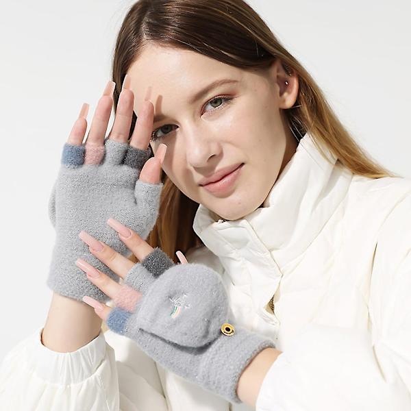 Vinterhalvfingerhandskar stickade sammetsklaffhandskar vackra broderade regnbågshandskar grey