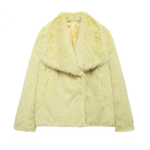 TRAFZA - Kvindes kort jakke i kunstig læder, tyk og varm langærmet frakke, ensfarvet, elegant, trendy, vinter yellow green XS