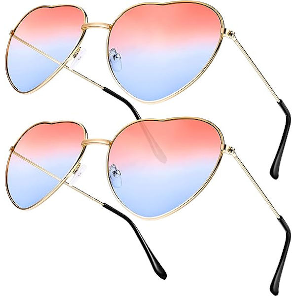 2 par Hippie Specs Briller Hjerteformede Solbriller til Hippie Fancy Dress Tilbehør, Rose Gold Ramme(Gradient Rosa til Blå Linse)