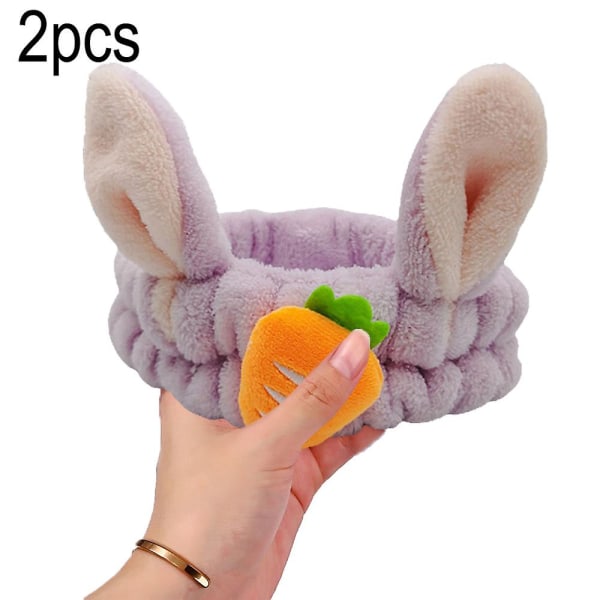 Kvinnors mode mjuk flanell kanin morot öra smink kosmetisk dusch elastiskt pannband 2 st Purple*tooth pink