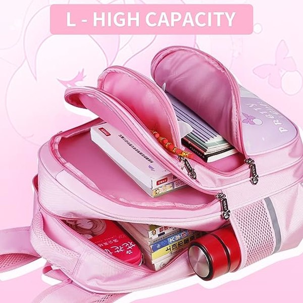 Unicorn skolerygsæk til piger, førskolerygsæk til børnehave, elementære bogtasker med flere lommer, sød og let, - L