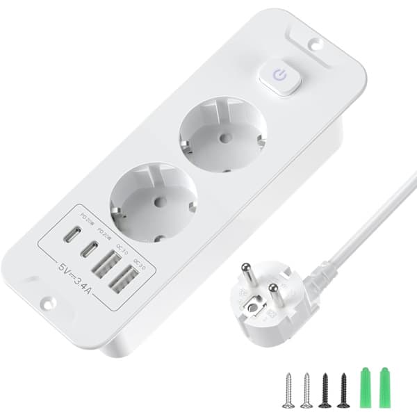 2-veis innfelt stikkontakt med 2 USB-porter og 2 meter kabel