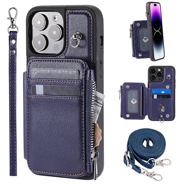 009 Kickstand Telefoncover til iPhone 15 Pro Max Lynlås Pung Telefoncover PU+TPU Cover med Stropper Blue iPhone 15 Pro Max