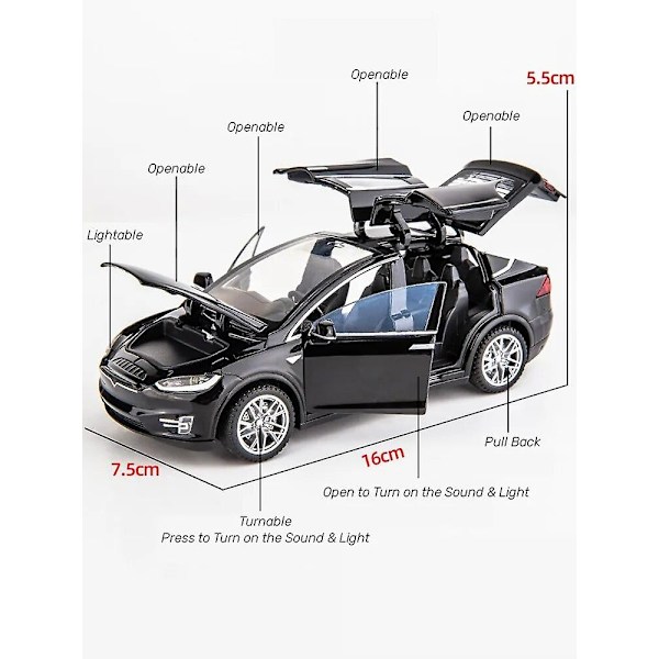 1/32 Tesla Model X 90d SUV Leksaksbilmodell Gjutna Metall Miniatyr Ljud & Ljus Drag tillbaka 1:32 Samlingspresent För Pojke Barn TESLA MODEL S Black